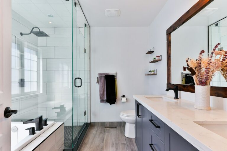 Modern bathroom with shower and vanity
